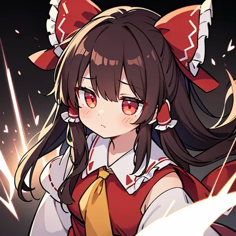 close range、High Angle、High resolution、girl、Fallen into Darkness、Dark Background、Gazing sadly into the distance、Reimu Hakurei、Glowing Eyes