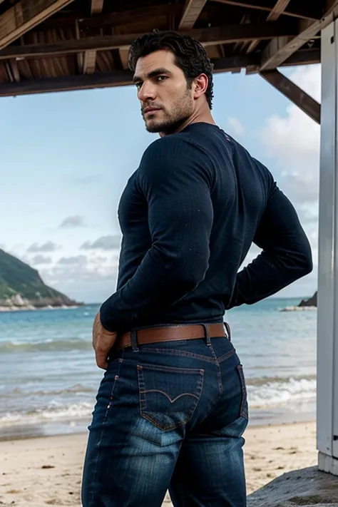 Un hombre negro con la cara se parece a Henry Cavill. Black man, Su cuerpo es musculoso y pectoral definido. paquete de seis. ingle. Cochas, pelo contra el viento. barba dentada.  Big butt, in a moment of reflection. Full body. Fajado, gris oscuro Jeans ba...