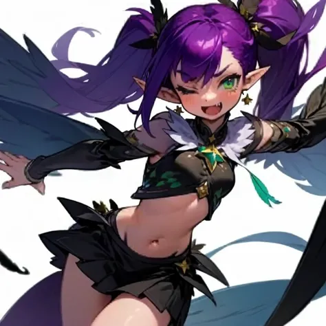 Masterpiece, best quality, expressive eyes, perfect face, 1girl, solo, winged arms, one eye closed, wings, star (symbol), purple hair, pointy ears, monster girl, green eyes, harpy, feathers, open mouth, navel, fang, skirt, twintails, smile