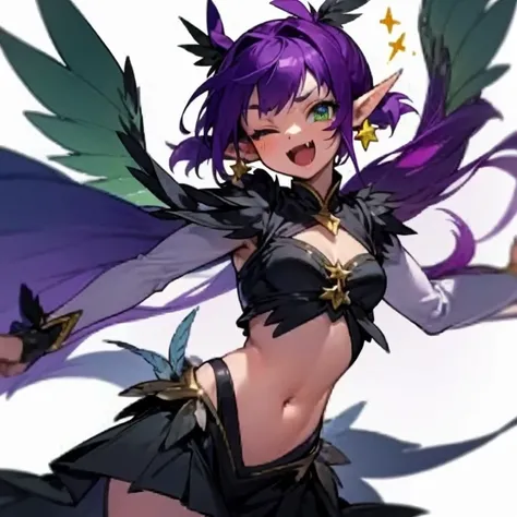 Masterpiece, best quality, expressive eyes, perfect face, 1girl, solo, winged arms, one eye closed, wings, star (symbol), purple hair, pointy ears, monster girl, green eyes, harpy, feathers, open mouth, navel, fang, skirt, twintails, smile