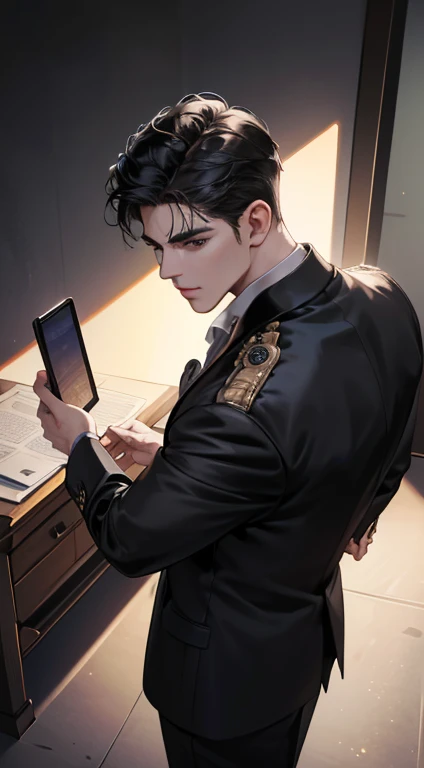 (best quality, masterpiece, 8K, photorealistic, cinematic lighting, 1:4 hdr image, top view, ultra detailed, beautiful image), a mature man, very handsome, short black hair, black eyes, perfect face without errors , ((buttoning his jacket, CEO))