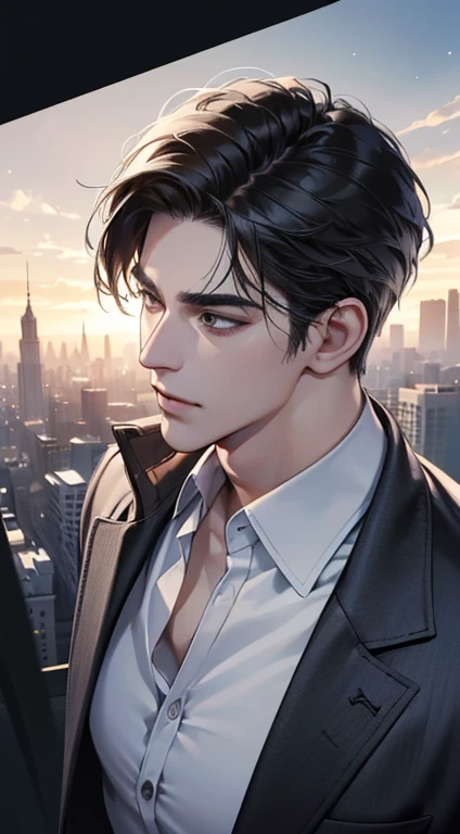 (best quality, masterpiece, 8K, photorealistic, cinematic lighting, 1:4 hdr image, top view, ultra detailed, beautiful image), a mature man, very handsome, short black hair, black eyes, perfect face without errors , ((buttoning his jacket, CEO))