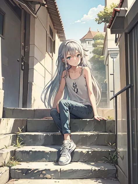 cute, masterpiece, highest quality, high resolution,,girl sitting on the stairs, alone,silver hair, small earrings,semi-long hai...