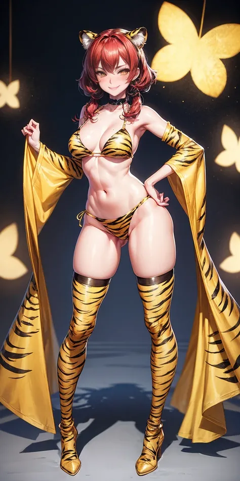 full body standing with separate yellow tiger print stockings thighs and sleeves, yellow tiger bikini print, hands on waist, navel, lustful smirking smiling, smile face (red blushed, red cheeks)