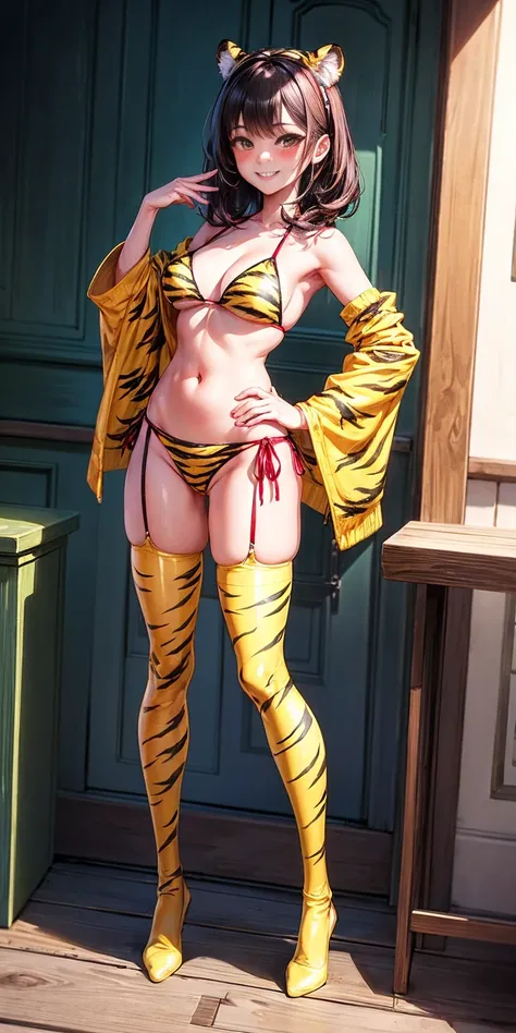 full body standing with separate yellow tiger print stockings thighs and sleeves, yellow tiger bikini print, hands on waist, navel, lustful smirking smiling, smile face (red blushed, red cheeks)