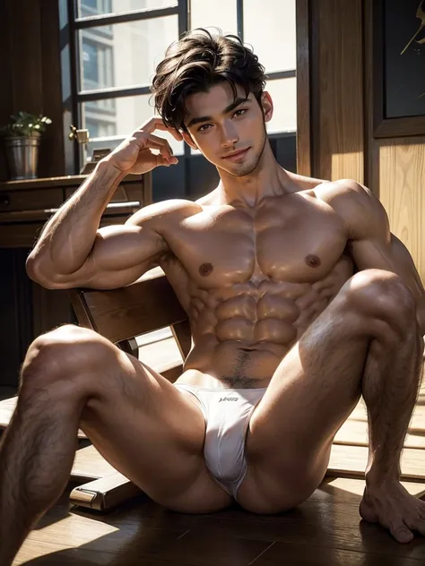 Masterpiece, Best Quality, Solo, European Model Men, muscular, white skin, smooth underarm, lifting his legs, studio background, lying, hard lighting, Natural eyes, Short and delicate black hair, Sexy Man, looking at the viewer, shirtless, sexy bikini, Sma...