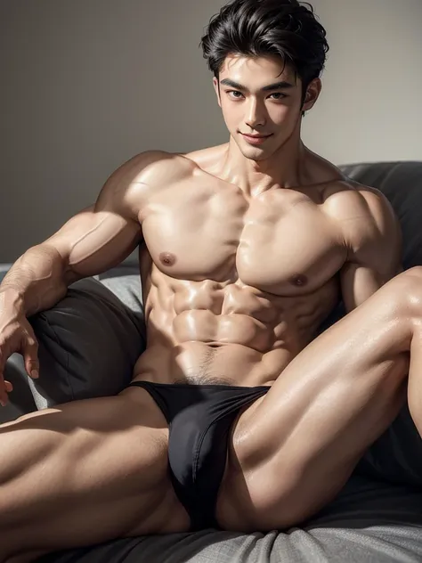 Masterpiece, Best Quality, Solo, Asian Model Men, muscular, white skin, smooth underarm, spread legs, studio background, lying, hard lighting, Natural eyes, Short and delicate black hair, Sexy Man, looking at the viewer, shirtless, sexy bikini, Small plots...