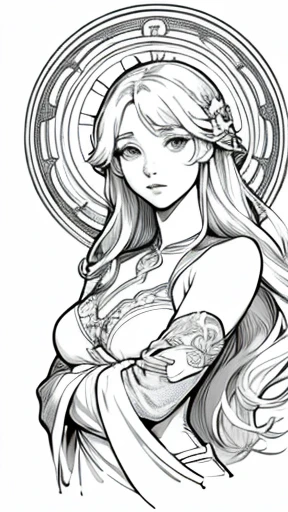 (Line art)、Line-only illustration、Monochrome、Art Nouveau、Upper Body、