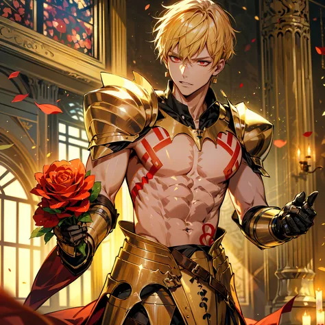 (absurdres, highres, ultra detailed, HDR), masterpiece, best quality, Gilgamesh, 1man, solo, handsome, short hair, blonde hair, vibrant red eyes, finely eye and detailed face, topless, gold armor, tattoo, red roses, window, petals