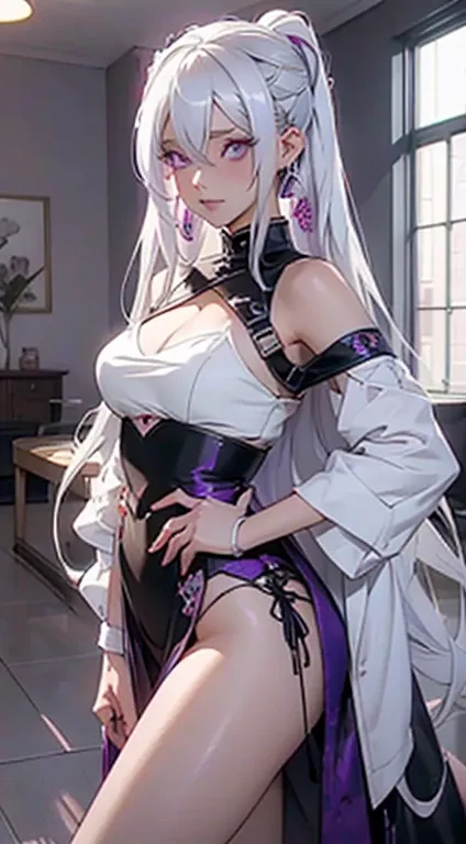 anime girl with white hair and purple eyes posing in a living room, best anime 4k konachan wallpaper, seductive anime girl, smooth anime cg art, demon anime girl, anime moe artstyle, anime art wallpaper 8 k, gapmoe yandere, anime style 4 k, gapmoe yandere ...