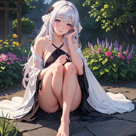 (best quality,4k,8k,highres,masterpiece:1.2),ultra-detailed,(realistic,photorealistic,photo-realistic:1.37),illustration,soft lighting,a girl with white hair,deep purple eyes,glowing eyes,sitting down,barefoot,face blushing,in a garden at night,flowers.