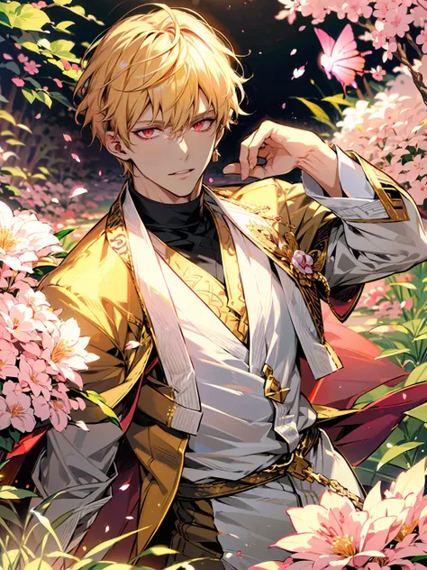 (absurdres, highres, ultra detailed, hdr), masterpiece, best quality, (caster) gilgamesh, 1man, solo, handsome, short hair, blon...