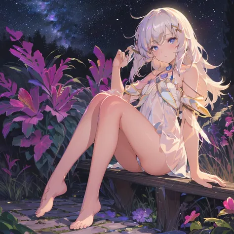 (best quality,4K,8k,high resolution,masterpiece:1.2),Ultra Detailed,(actual,photoactual,photo-actual:1.37),illustration,Soft Light,White hair girl,Deep purple eyes,Glowing eyes,sit down,barefoot,blush,Garden at night,Flowers.