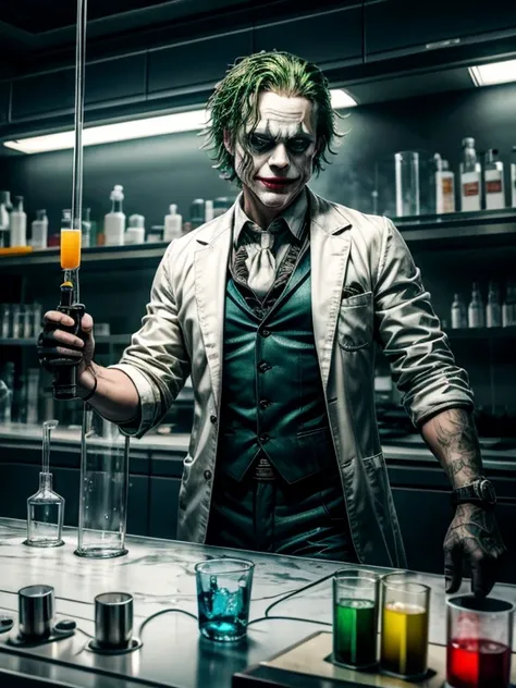 The Joker with wild, green hair, a menacing smile, and a pair of protective goggles, serious and determined face expression, wearing a white laboratory coat, trying to mix two fluids in a crystal clear reaction tube glass, one in his right hand is a bright...