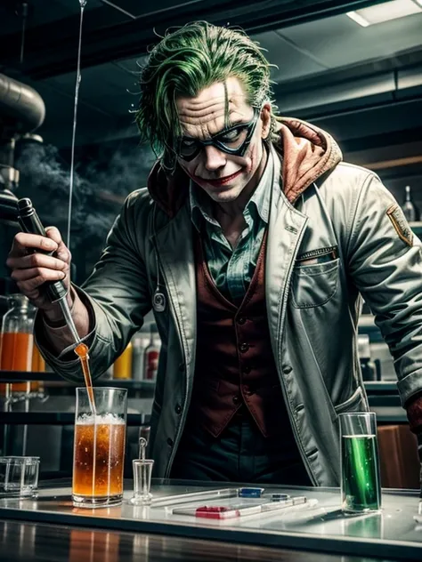 The Joker with wild, green hair, a menacing smile, and a pair of protective goggles, serious and determined face expression, wearing a white laboratory coat, trying to mix two fluids in a crystal clear reaction tube glass, one in his right hand is a bright...