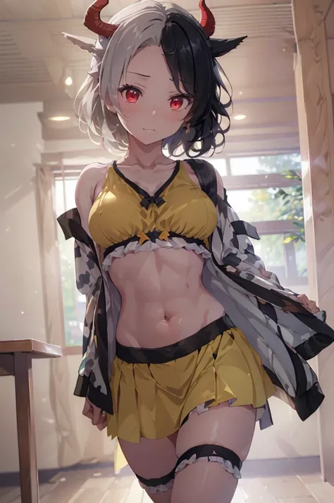 masterpiece, best quality),best quality, (ultra-detailed), (3heads:1.5), 1girl, (ushizaki urumi:1.3), masterpiece, best quality, white top, crop top, ((stomach)), midriff, ((groin)), yellow skirt, normal ears, shackles, black hair, very long hair, wavy hai...