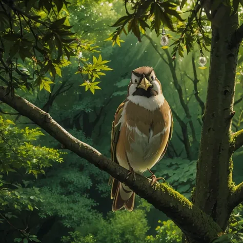 Picture 1:

 Setting: A lush green forest bathed in the warm glow of the morning sun.

 Character: Pip, a small sparrow with bright chestnut feathers and a cheerful demeanor, perched on a sturdy branch of an old oak tree.

 Action: Pips beak is wide open i...