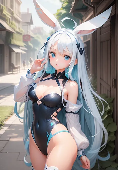 girl、、Bink、leotard、whole body。blue eyes、White Hair、Functional、Seductive pose、front、noon、Outdoor、garden、Beach、Bunny ears