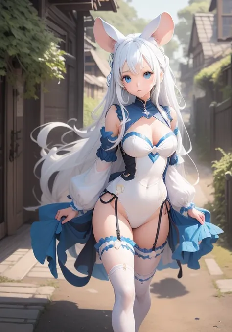 girl、、Bink、leotard、whole body。blue eyes、White Hair、Functional、Seductive pose、front、noon、Outdoor、garden、Beach、Mouse ears