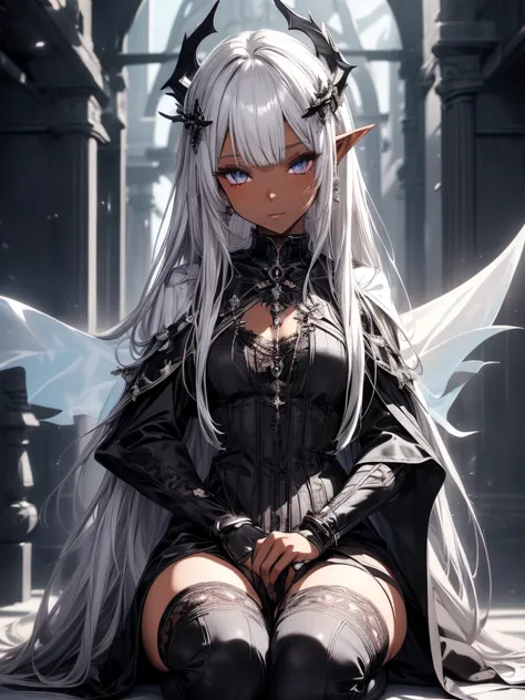 (master piece),(4k),high quality,(flat chest),1girl,dark elf,two-tone silver hair,beautiful detailed eyes,(dark skin),(beautiful...