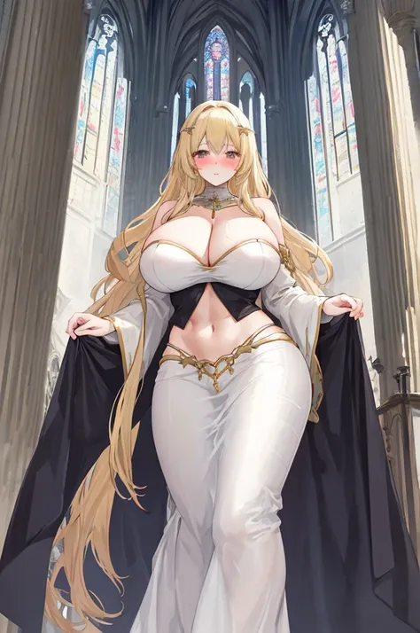 A woman with big ，Gorgeous woman，A devout believer，Long blond hair，Exquisite，((transparent))，Cleavage，Slim waist，Showing belly，pubic，Thin body，blush，cathedral