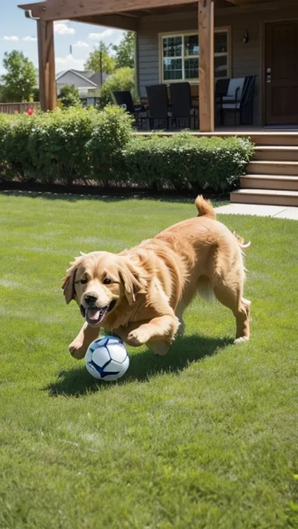 a golden retriever dog playing a ball on the backyard