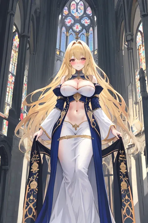 A woman with big ，A devout believer，Long blond hair，Exquisite，((transparent))，Cleavage，Slim waist，Showing belly，pubic，Thin body，blush，cathedral