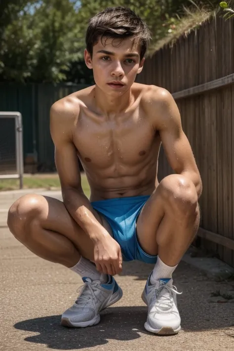 photo of a young skinny male, squatting, sportswear, 1boy, 18yo, young, athletic slim, embarrassed, white skin, cute boy, boyish, shorts, white ankle socks and blue sports shoes, shirtless, flat boy chest, small nipples, natural soft smooth textured skin, ...