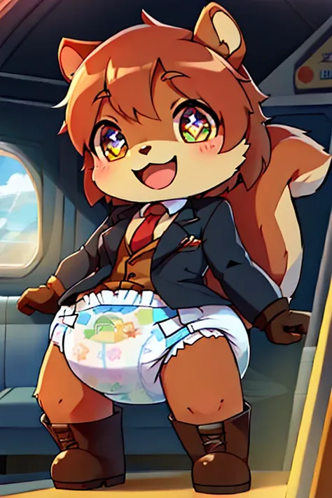 boy, squirrel, furry, bodyfur, blazer, bottomless, gloves, boots, chibi, happy, sparkling eyes, train, diaper