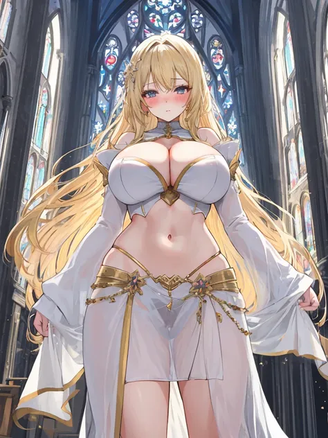 A woman with big ，Beautiful，A devout believer，Long blond hair，Exquisite，((transparent))，Cleavage，Slim waist，Showing belly，pubic，blush，cathedral