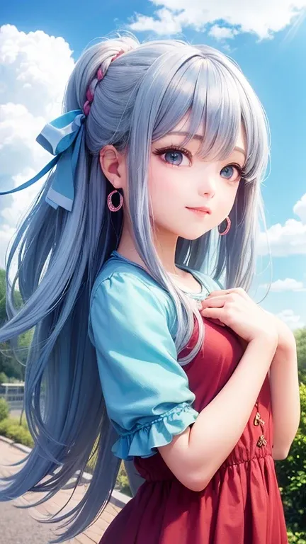 Small breasts、(high quality, masterpiece), One Girl, 、stop temporarily, particle, Wind, flower, Upper Body, Simple Background, View your audience, , milky way,smile、Turquoise Eyes、（Long silver and light blue hair）、Red eyeshadow、薄いpinkの口紅、flower柄、pink、、pink...