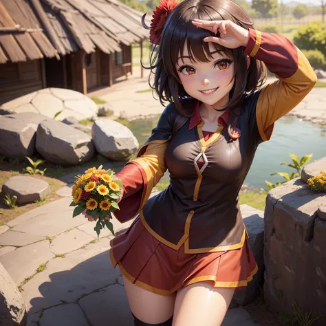 Megumin smiling with a flower in her hand 