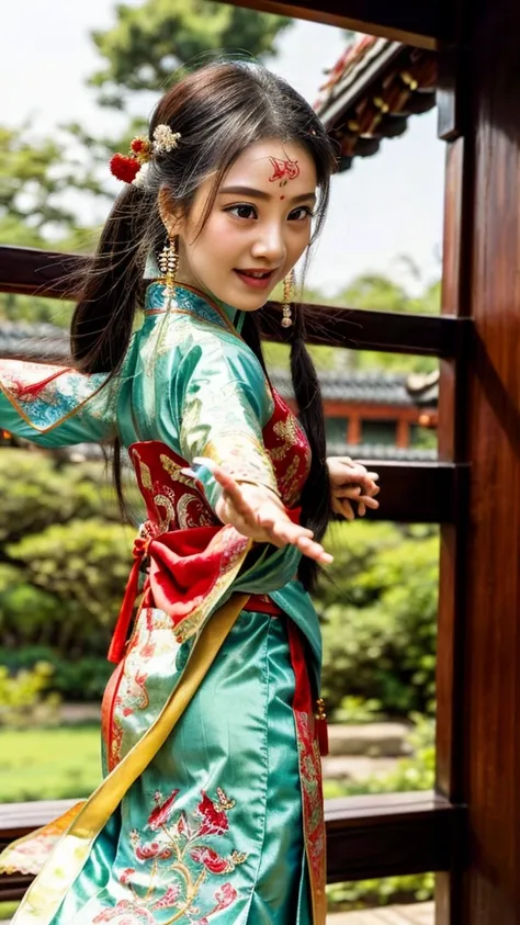 (best quality,ultra-detailed),(traditional Chinese clothing, Hanfu),(beautiful detailed eyes,beautiful detailed lips),(flying, jumping),(dancing movements),(colorful and vibrant),(outdoor scene),(natural lighting), (flower garden),(lush greenery),(flowing ...