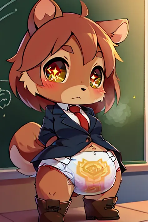 boy, squirrel, furry, bodyfur, blazer, bottomless, gloves, boots, chibi, sparkling eyes, smell diaper, school