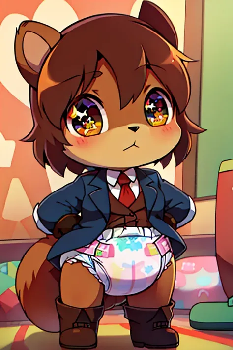 2boys, squirrel, furry, bodyfur, blazer, bottomless, gloves, boots, chibi, sparkling eyes, diaper, kindergarten