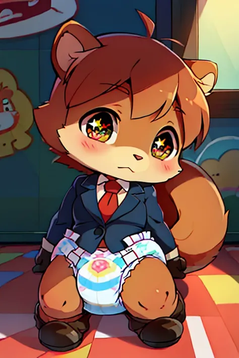 2boys, squirrel, furry, bodyfur, blazer, bottomless, gloves, boots, chibi, sparkling eyes, diaper, kindergarten, potty