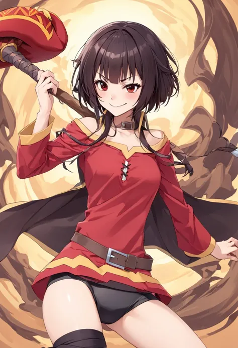 Megumin, red eyes, , normal hands, short hair, leg wrappings, dark hair, short hair, red clothes, staff, black panties, smug