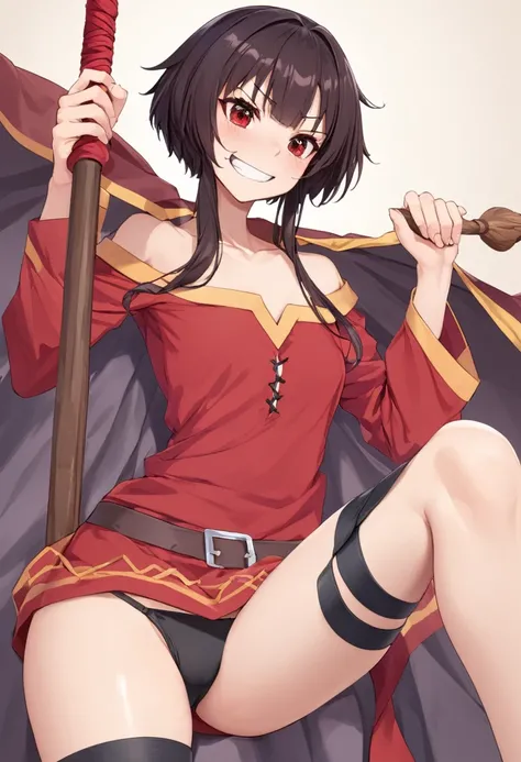 Megumin, red eyes, , normal hands, short hair, leg wrappings, dark hair, short hair, red clothes, staff, black panties, smug, antomically correct, high quality.