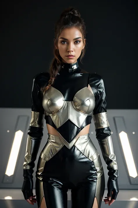 A woman in a futuristic fashion outfit. The style is avant-garde, with a focus on the outfits geometric shapes and metallic materials. The lighting is soft and diffused, highlighting the womans features and the outfits details.