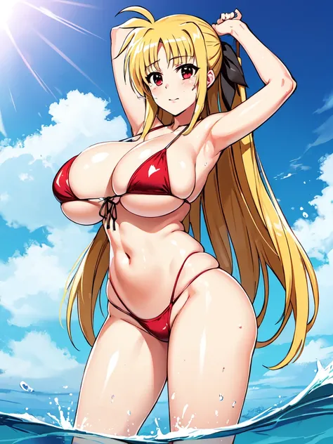 masterpiece,top-quality,fate testarossa harlaown,heroine of magical girl lyrical Nanoha,1girl,solo,blond hair,long hair,straight hair,outside splash hair,red eyes,beauty,very huge breasts,narrow waist,bust size is 120cm over,crying,sexy,soaked,seductive an...