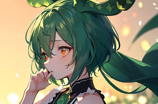 (absurdres), RAW photo, extremely delicate and beautiful, masterpiece, Best Quality, ultra high resolution, 32k, hyperrealistic, ultra-detailed,1 femboy, short green hair, light orange eyes, best shot, perfect angle, bokeh background, cool, anime hand draw...