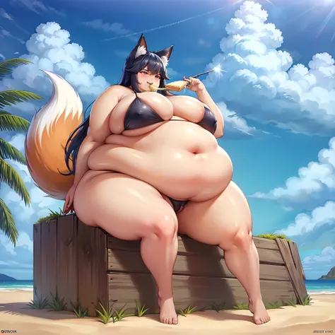 A young fox woman in a bikini found being force fed to obesity, massive bloated overstuffed belly, massive bulging fat heavy breasts, she’s embarrassed how fast she got so fat, she’s strangely enjoying her fatter body, massive underboob, binge eating, fat ...