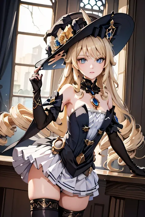 (masterpiece, best quality), 1girl,  navia,long hair,blonde hair,hat, witch hat,blue eyes,dress,bangs,black headwear,gloves,bare shoulders,flower,jewelry,thighhighs,black gloves,drill hair,detached sleeves,