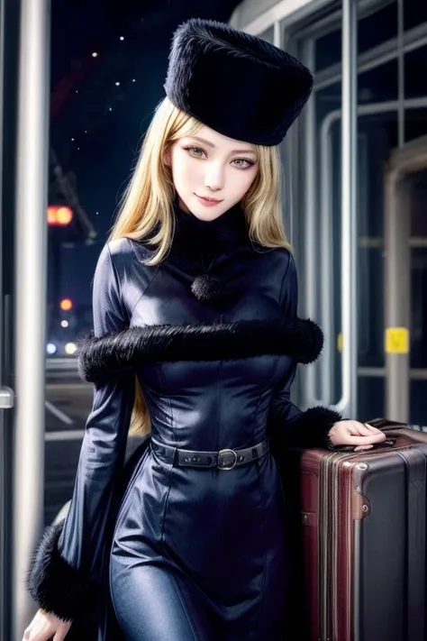 Material, Long Hair, Blonde,Fur trim, Black Hat, Fur has, dress,(Cowboy Shot:1.1), Yellow Eyes, (luggage:1.1), vapor (station:1.1),stationのプラットホーム,  night, Milky Way,999 highest quality, Very detailed, masterpiece, Absurd,8k,   (Fine grain, Deep Eyes),phot...