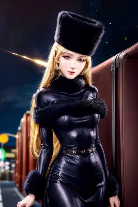 material, long hair, blonde,fur trim, black hat, fur has, dress,(cowboy shot:1.1), yellow eyes, (luggage:1.1), vapor (station:1....