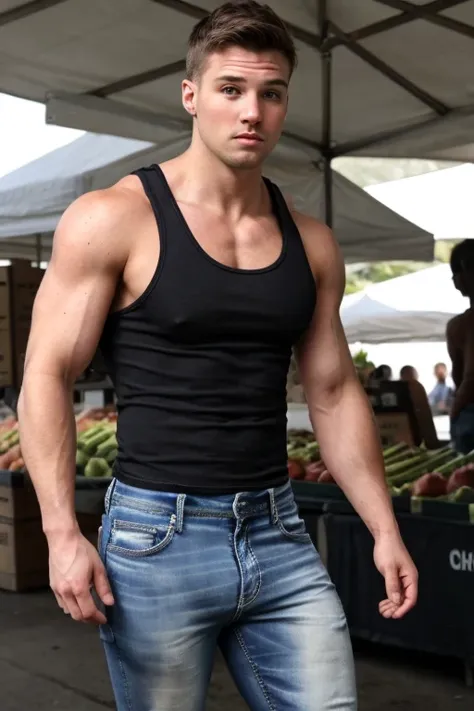 JordanBrandt, wearing a tank top and jeans, at the farmers market