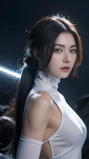 (RAW shooting, Photorealistic:1.5, 8k, highest quality, masterpiece, Ultra-high resolution), Sengoku, fire thing, War fires raging everywhere:1.3, Perfect dynamic composition:1.2, Highly detailed skin and facial textures:1.2, Slim female ninja holding a sh...