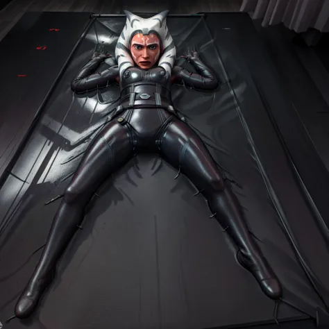 (best quality,4k,8k,highres,masterpiece:1.2),ahsoka,lie in a latex vacuum bed,ultra-detailed,realistic,bokeh,dark side vibe,port...