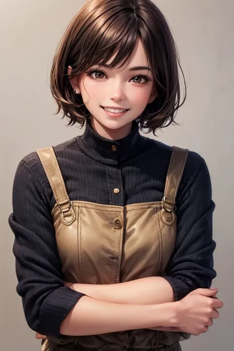 1girl, solo, looking at viewer, smile, short hair, simple background, brown hair, black hair, brown eyes, grin, lips, head tilt, crossed arms, realistic, super details, epic work, ultra high definition, high quality, 32k