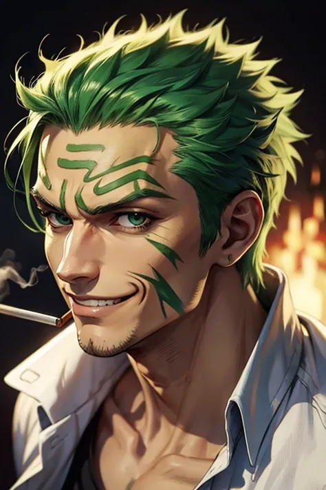 Close-up of a person with green hair and a cigarette, Roronoa Zoro, from one piece, Avatar Image, one piece artstyle, Portrait of Shanks le Roux, Joker is similar to Naruto, Mischievous grin, one piece, masterpiece, Profile photo, A proud smile, アニメのmaster...